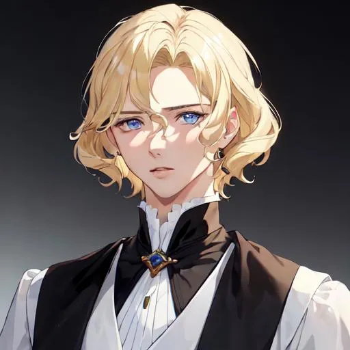 Prompt: Handsome noble man from 16th century, 20 years old, rennesance, blond SHORT hair, wavy hair, blue eyes, pale skin, shadow in his eyes, very handsome, athletic figure, masculine features, gentleface, shy,  HIGHER RESOLUTION, 8k, MAN, MALE, HANDSOME MAN, detailed eyes, bigger eyes, shadow in face, passionate but sad look, serious eyes, serious look, look in my eyes, realistic detail