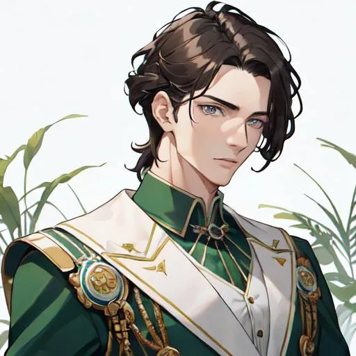 Prompt: Handsome noble man from 16th century, photography, latest technology photo, masculine athletic body shape, smaragd green shirt with buttons, noble clothes, wide chest, thin waist, 40 years old, rennesance, brunette SHORT hair, wavy hair, grey eyes, pale skin, shadow in his eyes, very handsome, athletic figure, masculine features, masculine face, sharp features, masculine face, HIGHER RESOLUTION, 8k, MAN, MALE, HANDSOME MAN, detailed eyes, bigger eyes, shadow in face, a bit amused, warm eyes, serious look, look in my eyes, realistic detail, DETAILED 8K EYES, the same face as the original picture, DETAILED PUPILS.