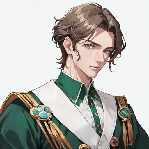 Prompt: Handsome noble man from 16th century, photography, latest technology photo, masculine athletic body shape, smaragd green shirt with buttons, noble clothes, wide chest, thin waist, 40 years old, rennesance, brunette SHORT hair, wavy hair, grey eyes, pale skin, shadow in his eyes, very handsome, athletic figure, masculine features, masculine face, sharp features, masculine face, HIGHER RESOLUTION, 8k, MAN, MALE, HANDSOME MAN, detailed eyes, bigger eyes, shadow in face, a bit amused, warm eyes, serious look, look in my eyes, realistic detail, DETAILED 8K EYES, the same face as the original picture, DETAILED PUPILS.