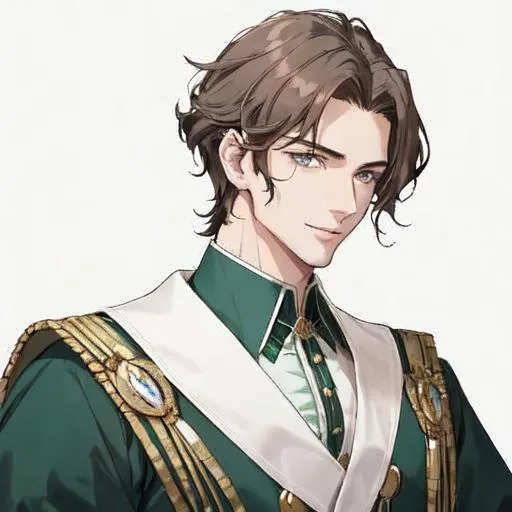 Prompt: Handsome noble man from 16th century, smiling warmly and sincerely, masculine athletic body shape, smaragd green shirt with buttons, noble clothes, wide chest, thin waist, 40 years old, rennesance, brunette SHORT hair, dark brown hair, wavy hair, grey eyes, pale skin, shadow in his eyes, very handsome, athletic figure, masculine features, masculine face, sharp features, masculine face, HIGHER RESOLUTION, 8k, MAN, MALE, HANDSOME MAN, detailed eyes, bigger eyes, shadow in face, warm sincere smile, arched nose, warm eyes, serious look, look in my eyes, realistic detail, DETAILED 8K EYES, the same face as the original picture, DETAILED PUPILS.