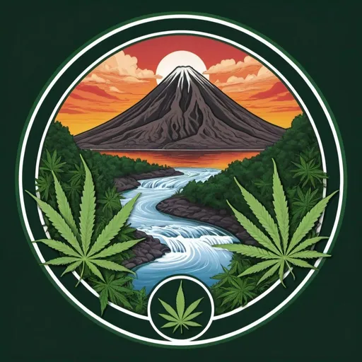 Prompt: Club logo for Hanf Club - circular shape with cannabis plant and a river in the foreground, in the background a mountain as a volcano with some lava all graphically