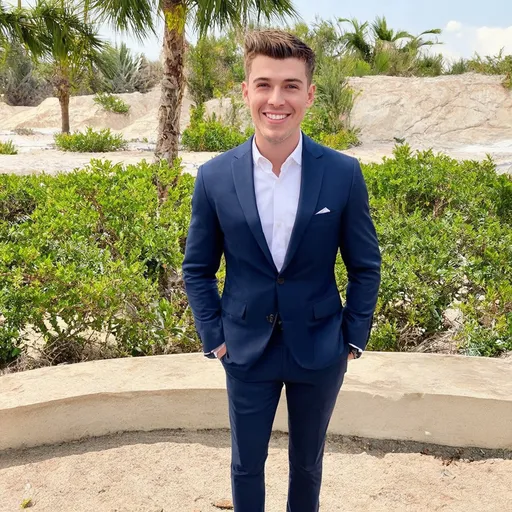 Prompt: Attractive Caucasian guy in a suit for tinder profile smiling on holiday