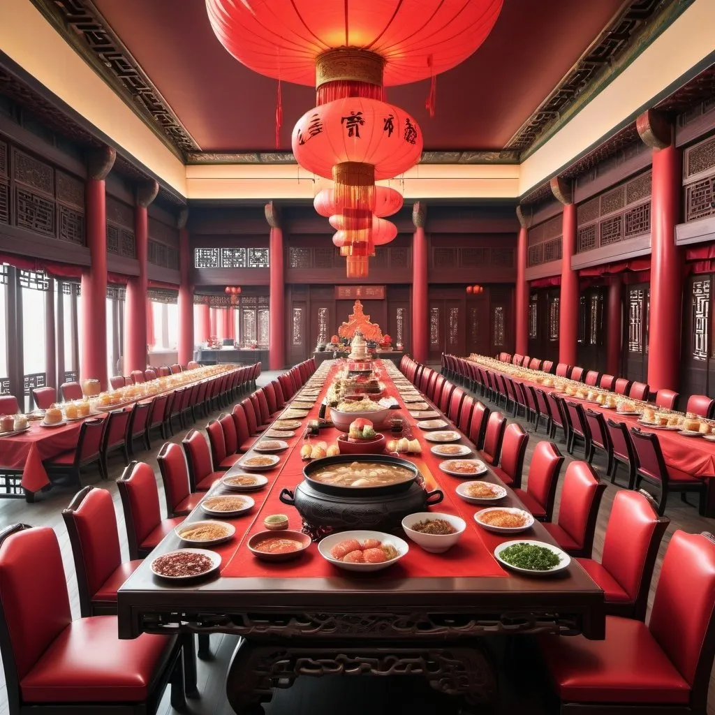 Prompt: Chinese Emperor Grand Throne Room with Mala Hotpot Party on Chinese Long Table