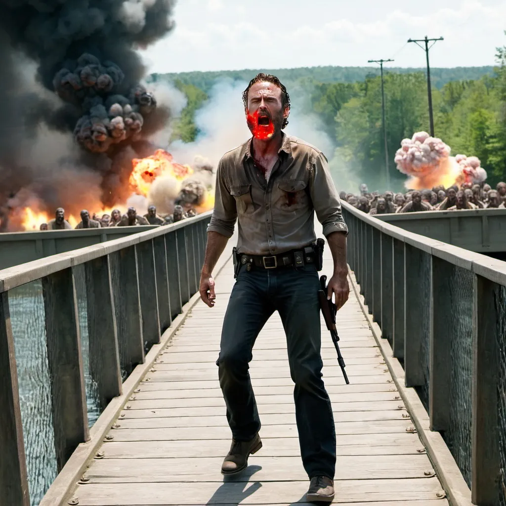 Prompt: Rick Grimes on bridge and blows up zombies