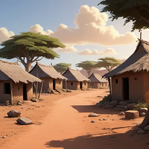 Prompt: create a background scene for an animation. Location village in Africa
