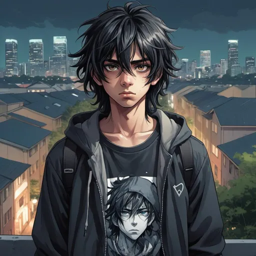 Prompt: Cool-toned anime illustration of a boy with messy, long black hair named Khokta, 13 age, intense and curious gaze, streetwear clothing, urban setting, detailed hair with cool highlights, florest of the virginia state in the background, best quality, highres, ultra-detailed, anime, cool tones, urban, streetwear, detailed eyes, professional, atmospheric lighting for terror