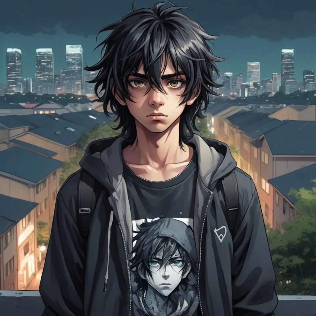 Cool-toned anime illustration of a boy with messy, l...