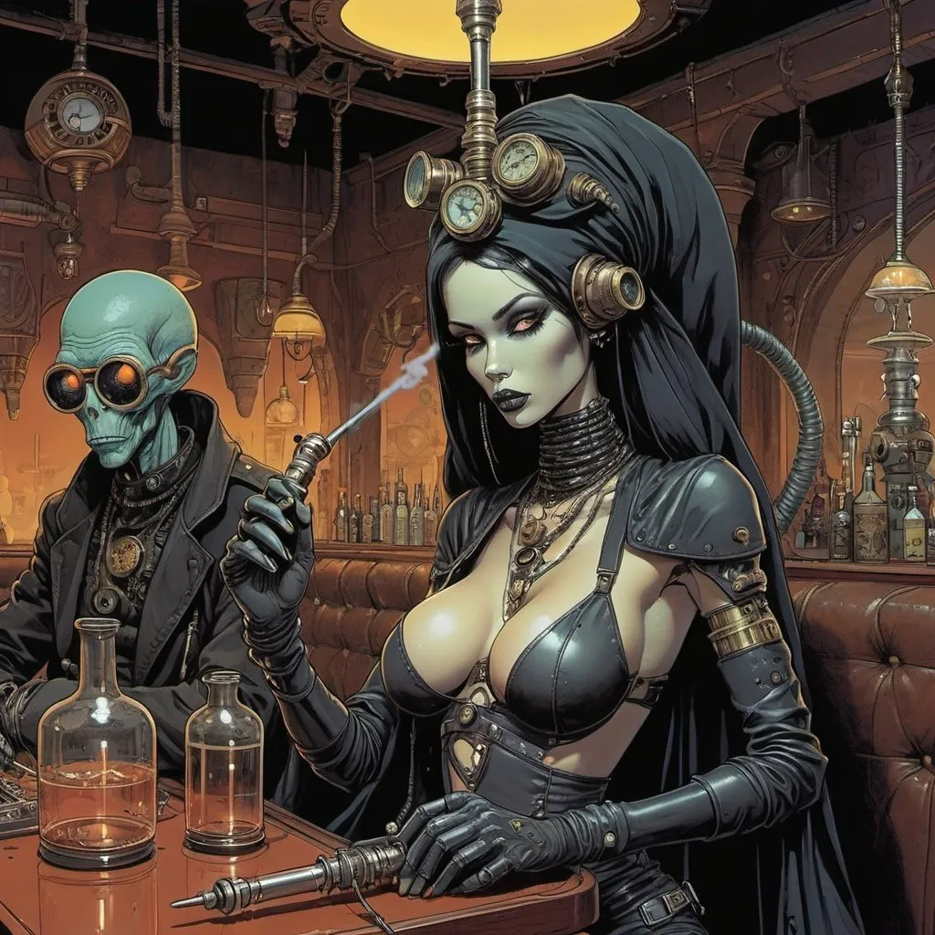 Prompt: Grim-noire, tough alien chicks in the steampunk cyberpunk Moroccan hookah bar, everyone has a weapon, dark fantasy Moebius cartoon 