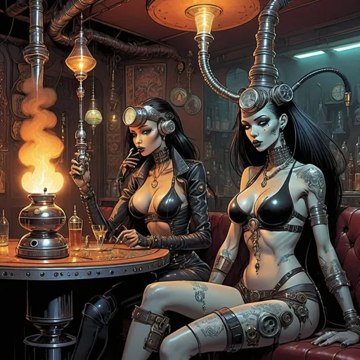 Prompt: Grim-noire, tough alien chicks in the steampunk cyberpunk Moroccan hookah bar, everyone has a weapon, dark fantasy Moebius cartoon 