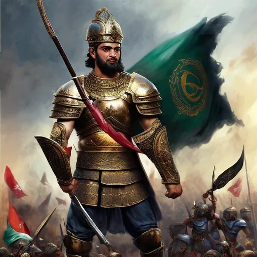 Prompt: Sassanian Savaran warrior holding Iran's flag, football stadium filled with Iran's flags, Samurai's dead body with Japan's flag on forehead, epic battle scene, ancient warrior, detailed armor, historic setting, high quality, oil painting, dramatic lighting, vibrant colors, historical, intense expression, detailed flags, heroic pose, intense atmosphere, ancient Persian warrior, detailed crowd, epic historical artwork, powerful storytelling in a football stadium 