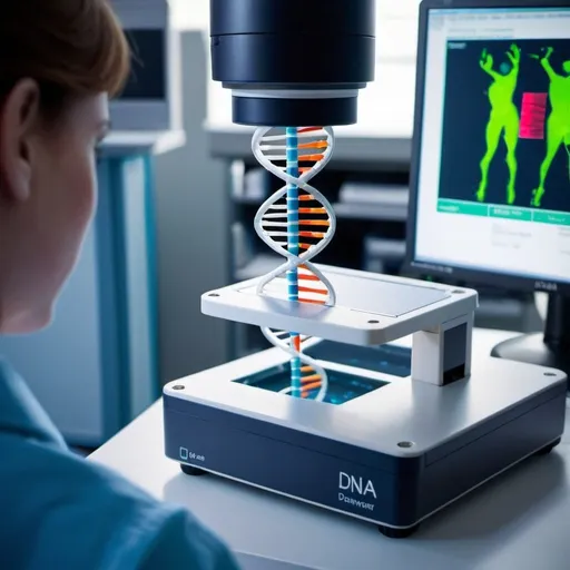 Prompt: a genetic Analyzer device inside a double strand DNA