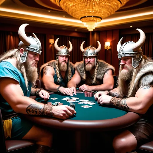 Prompt: Four brutal vikings playing poker in Las Vegas