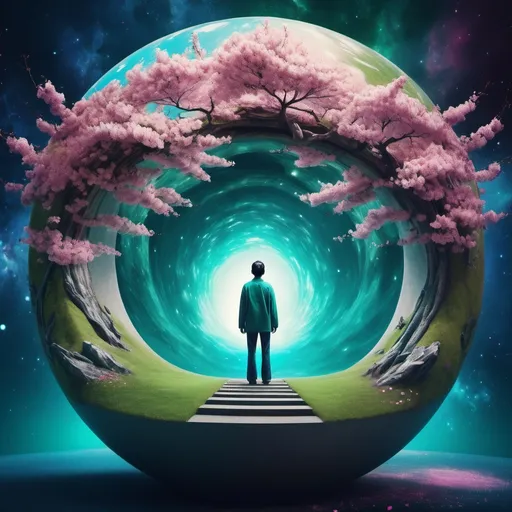 Prompt: Afterlife, Person standing on a globe with the tunnel dead, colors arround in the universe, include, blue, green, rosa. Cherry blossom flowers should bed included.