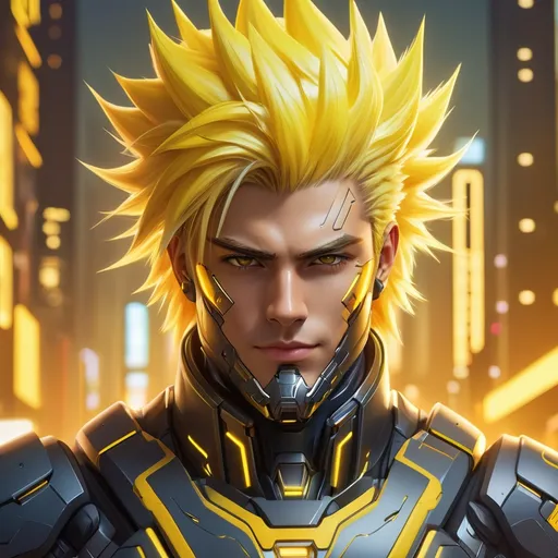 Prompt: portrait of a handsome young man and body muscular with soft smile and yellow spiky hair wearing a fit mecha break suit-inspired battle suit with light yellow core and cyberpunk city background. Behance HD, hyper realistic, anime vibes