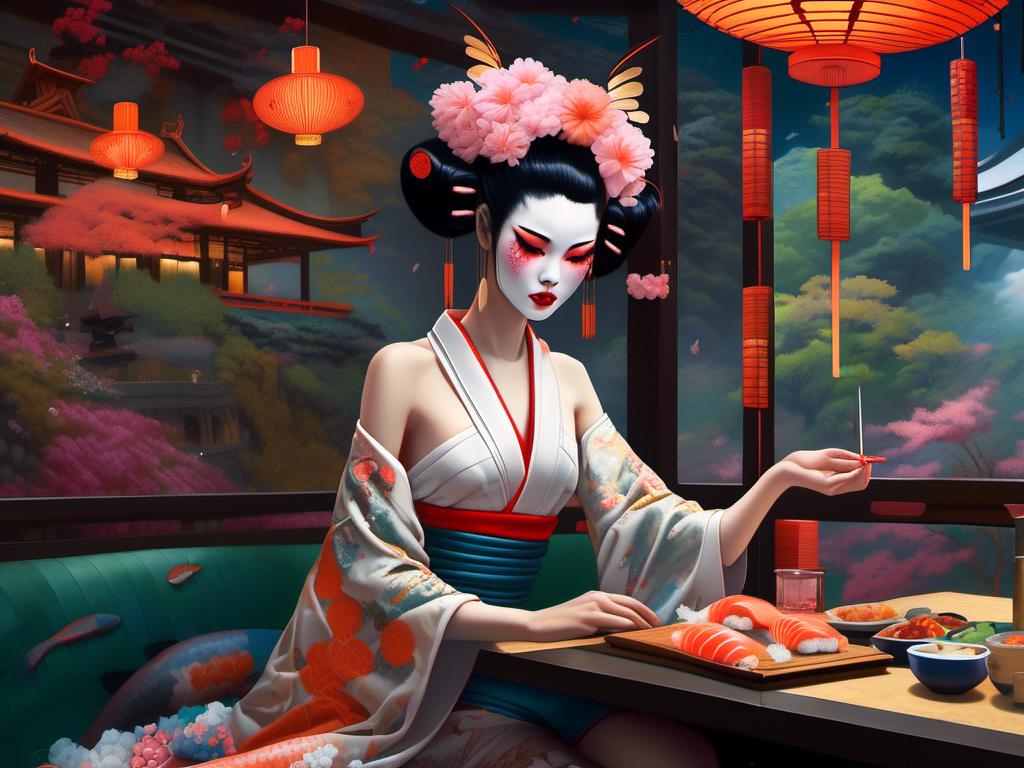 Prompt: <mymodel> woman, geisha, in sushi bar, science-fiction, pulp style