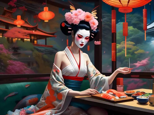 Prompt: <mymodel> woman, geisha, in sushi bar, science-fiction, pulp style