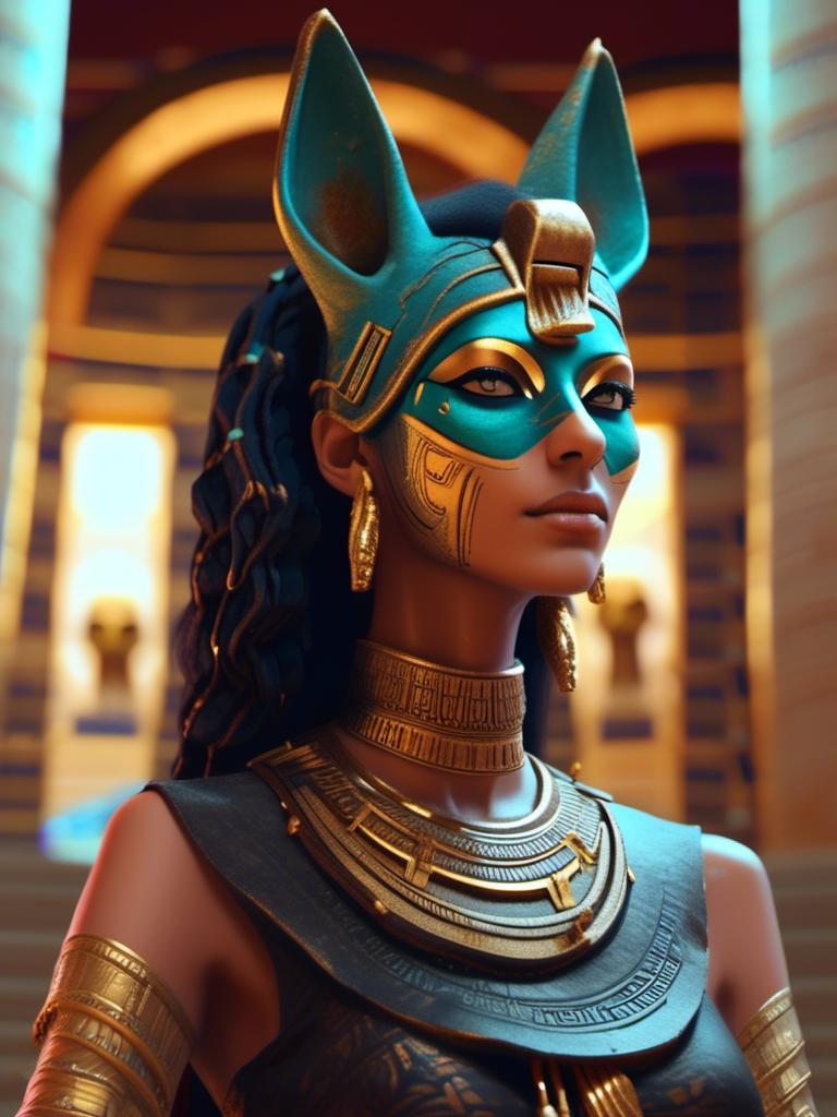 Prompt: <mymodel>Egyptian woman with jackal mask, (Anubis helmet), in ancient Egyptian clothing, in temple. Reading scrolls. detailed, realistic, 4k, high saturation of color,  high contrast