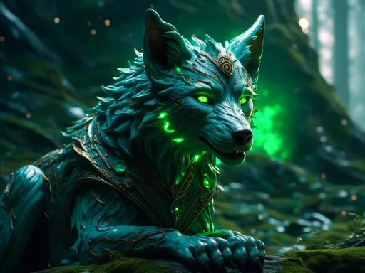 Prompt: <mymodel> fenrir with green glowing eyes staring, snarling. in nordic castle. (giant wolf) (nordic) (fantasy) UHD, 4k,intricately detailed, deep colors, high contrast