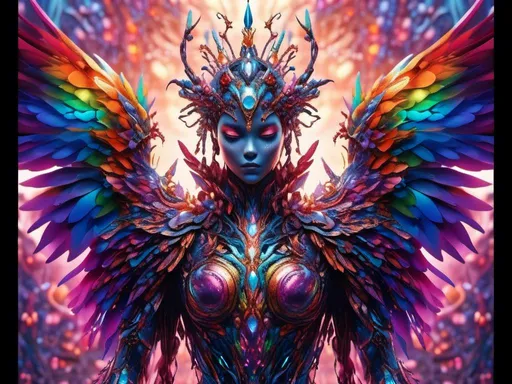 Prompt: <mymodel> cyborg, rainbow metallic colors, wing span, filigree wings, crown  UHD, 4k,intricately detailed, deep colors, high contrast (UHD, 4k,intricately detailed, deep colors, high contrast)