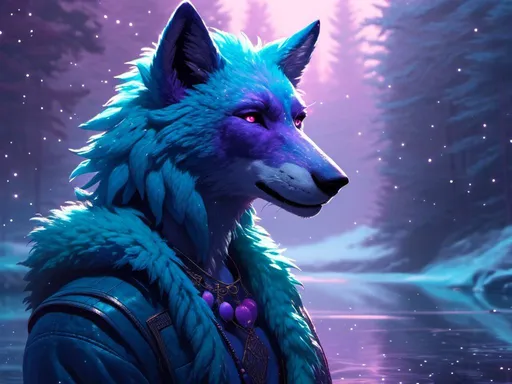 Prompt: <mymodel> anthro furry wolf male man (teal fur) (purple eyes) (water element) starry and mystical being , UHD, 4k,intricately detailed, deep colors, high contrast (UHD, 4k,intricately detailed, deep colors, high contrast)