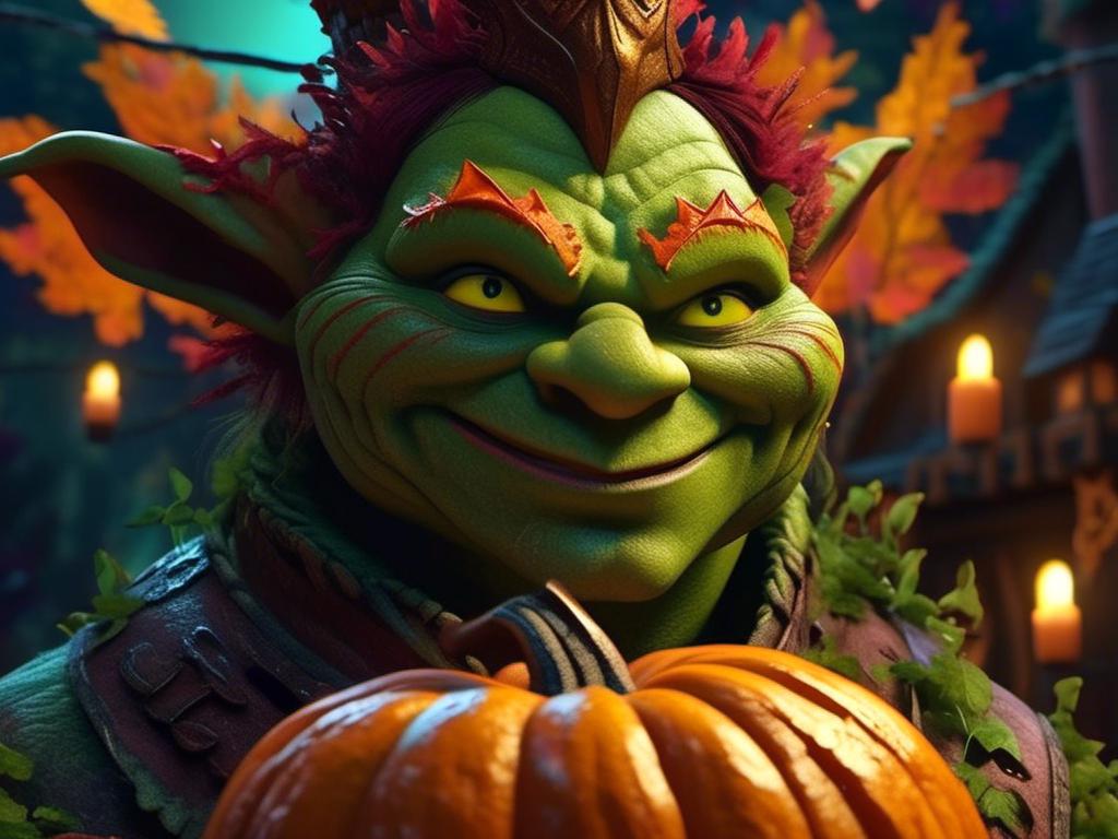 Prompt: <mymodel>  pumpkin king (Shrek art style) .UHD, 4k,intricately detailed, deep colors, high contrast (UHD, 4k,intricately detailed, deep colors, high contrast)