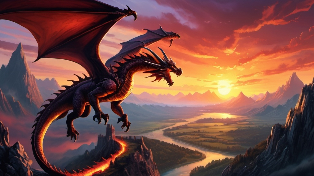 Prompt: ordic valley sunset, dragon flying in the sky in the background, dungeons and dragons art style (UHD, 4k,intricately detailed, deep colors, high contrast)