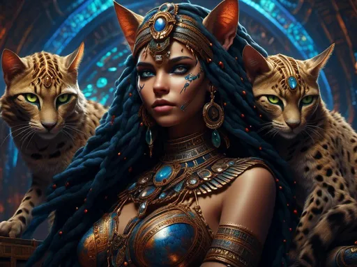 Prompt: <mymodel> (bastet), egyptian cat woman, mythical, piercings  .UHD, 4k,intricately detailed, deep colors, high contrast (UHD, 4k,intricately detailed, deep colors, high contrast)