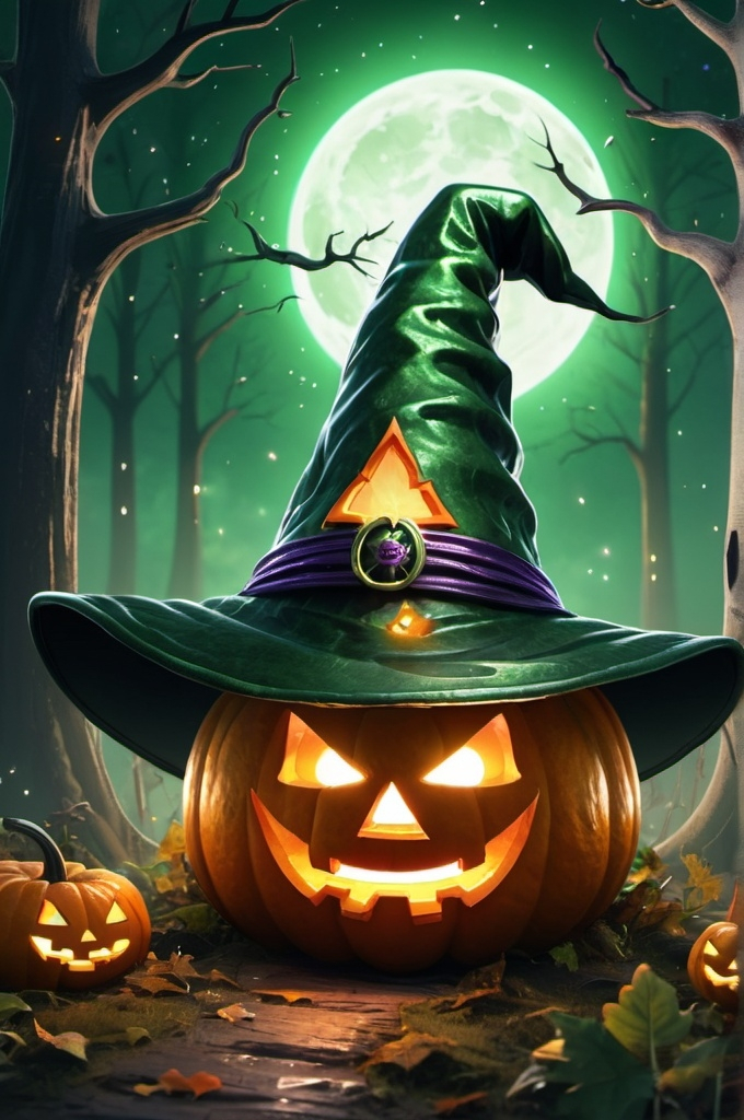 Prompt: cartoon, illustration, jack o' lantern with green sparkling witch hat happy, floating, sparkly, spooky forest fantasy, whimsical, gothic.mythical  UHD, 4k,intricately detailed, deep colors, high contrast (UHD, 4k,intricately detailed, deep colors, high contrast)