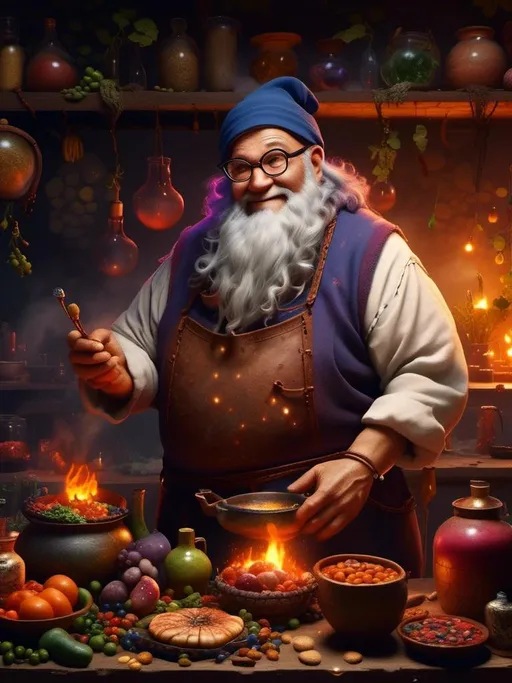 Prompt: <mymodel>heavy set man middle aged man wizard with pot belly cooking potions, wearing glasses, jolly smile. in chef's clothing  (medieval) (dungeons and dragons style) , UHD, 4k,intricately detailed, deep colors, high contrast (UHD, 4k,intricately detailed, deep colors, high contrast)