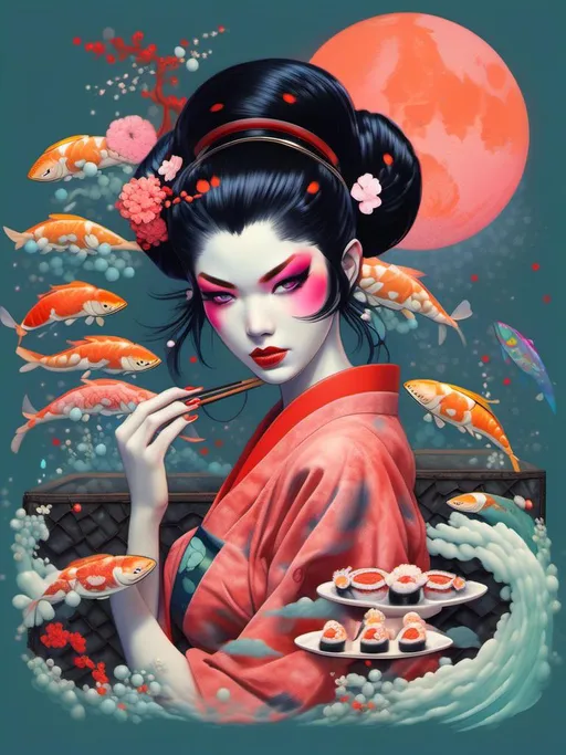 Prompt: <mymodel> woman, geisha, in sushi bar, science-fiction, pulp style