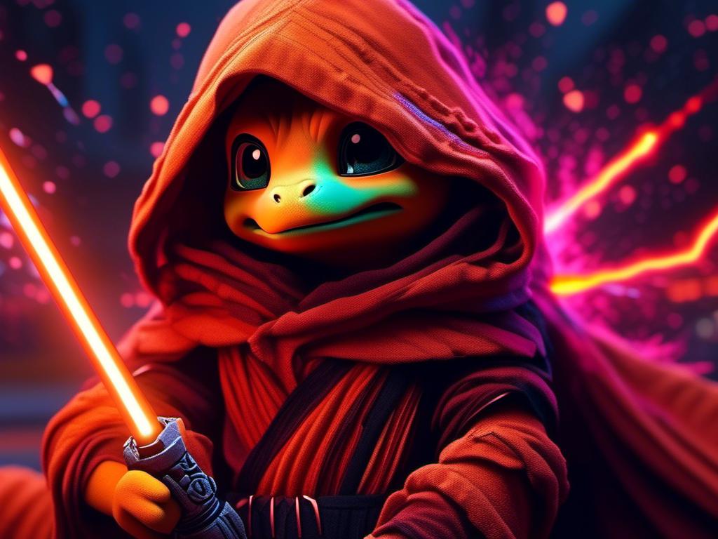 Prompt: <mymodel> charmander as a Sith Lord with light saber UHD, 4k,intricately detailed, deep colors, high contrast (UHD, 4k,intricately detailed, deep colors, high contrast)