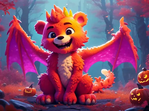 Prompt: <mymodel> (care bear) care bear dragon (spooky surroundings) (colored fur) (Halloween), detailed, cartoon, high saturation of color, cartoon,  4k, high saturation of color, high contrast