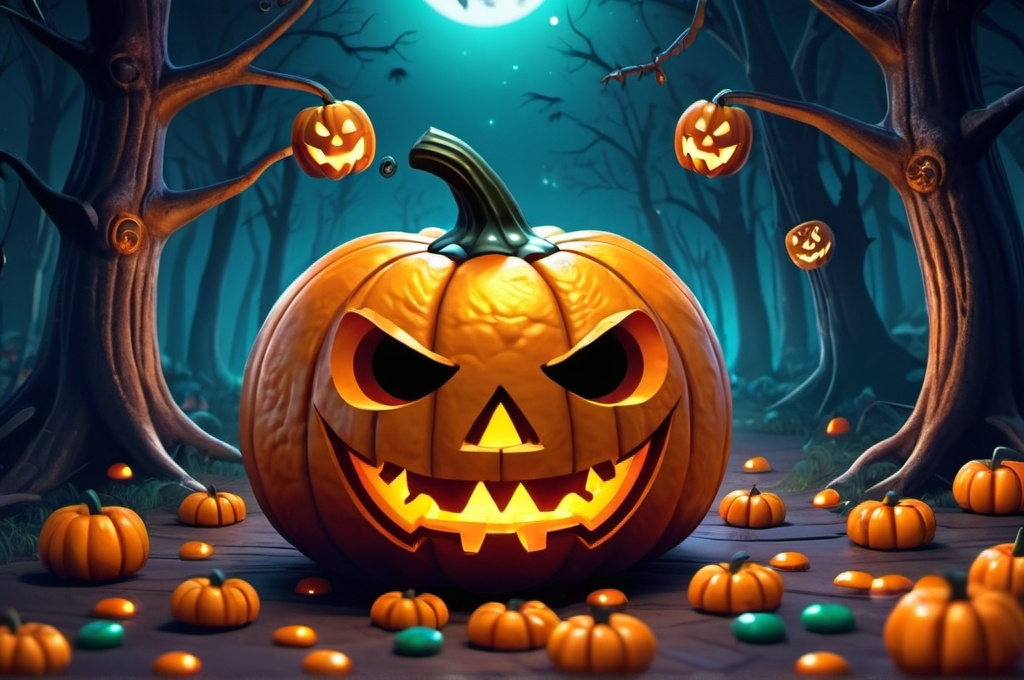 Prompt: cartoon, illustration, jack o' lantern with halloween candy happy, floating, sparkly, spooky forest fantasy, whimsical, gothic.mythical  UHD, 4k,intricately detailed, deep colors, high contrast (UHD, 4k,intricately detailed, deep colors, high contrast)