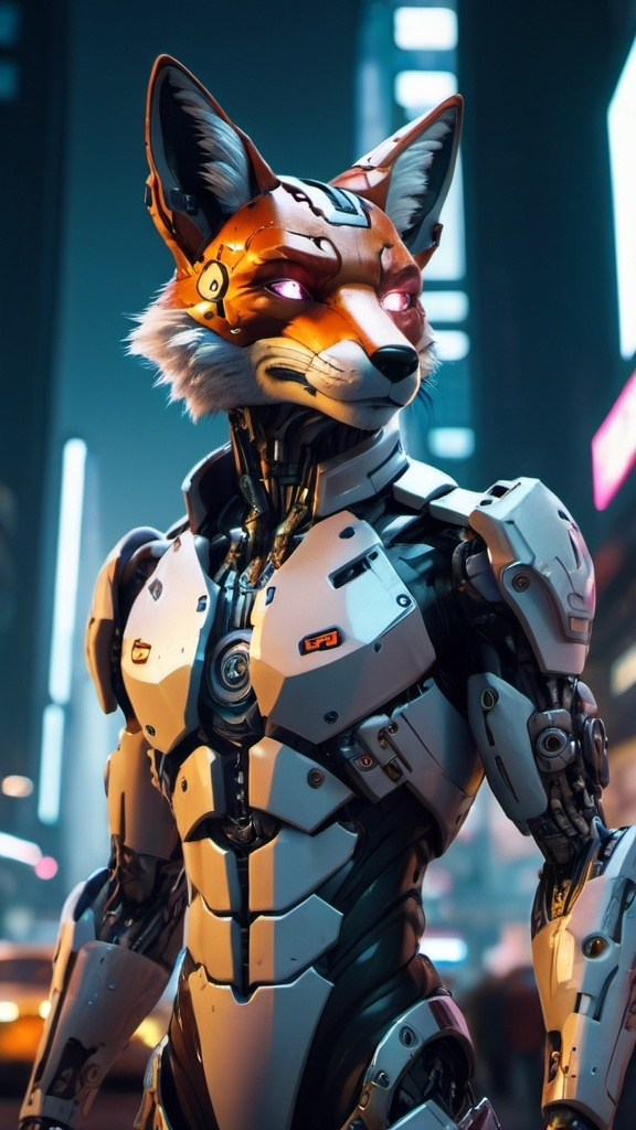 Prompt: Cyborg, fox, anthro, metalic, in cyberpunk city .UHD, 4k,intricately detailed, deep colors, high contrast (UHD, 4k,intricately detailed, deep colors, high contrast)