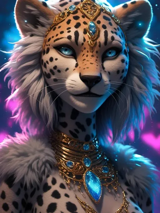 Prompt: <mymodel> anthro furry cheetah female woman (pearly iridescent  fur) (grey eyes) (water element) starry and mystical being , UHD, 4k,intricately detailed, deep colors, high contrast (UHD, 4k,intricately detailed, deep colors, high contrast)