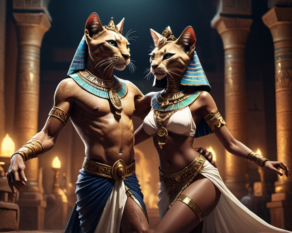 Prompt: Tabaxi male king and tabaxi female queen of Egypt in love dancing   fantasy, whimsical, gothic.mythical UHD, 4k,intricately detailed, deep colors, high contrast (UHD, 4k,intricately detailed, deep colors, high contrast)