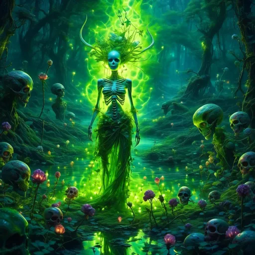 Prompt: <mymodel> alien, skeleton, woman in swamp glowing fluorescent