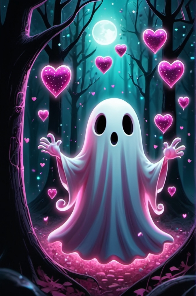 Prompt: cartoon, illustration, ghost with pink sparkling hearts, happy, floating, sparkly, spooky forest fantasy, whimsical, gothic.mythical  UHD, 4k,intricately detailed, deep colors, high contrast (UHD, 4k,intricately detailed, deep colors, high contrast)