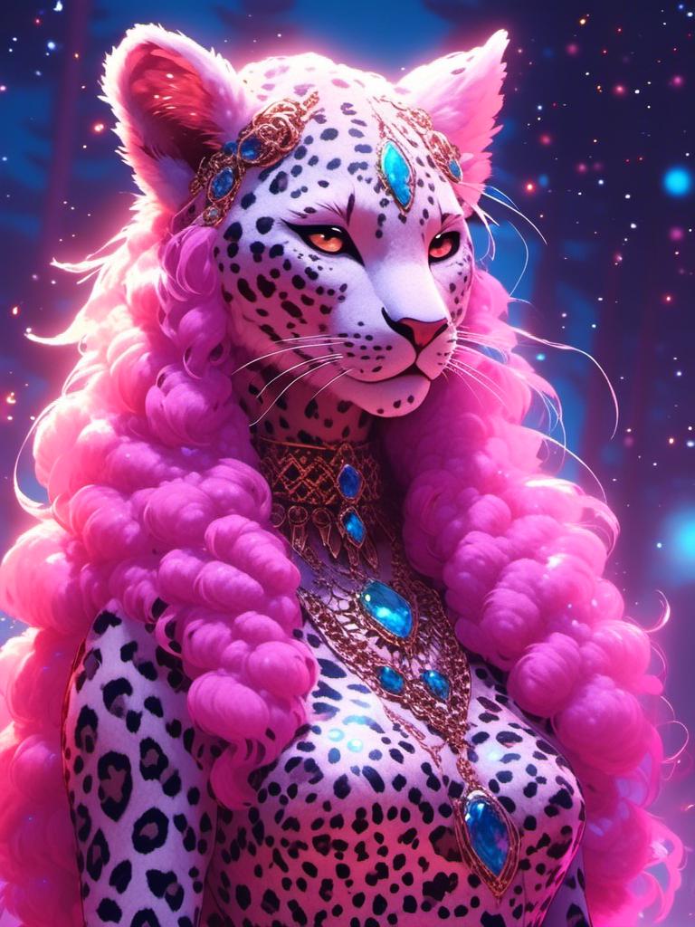 Prompt: <mymodel> anthro furry leopard female woman (pearly iridescent  fur) (pink eyes) (water element) starry and mystical being , UHD, 4k,intricately detailed, deep colors, high contrast (UHD, 4k,intricately detailed, deep colors, high contrast)