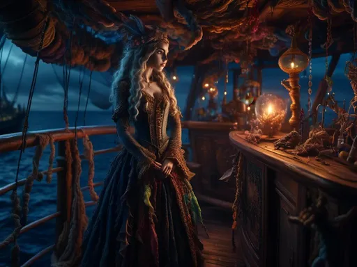 Prompt: <mymodel> ghostly being looking into the high sea fantastical, pirate, standing on deck of ship, night, rich colors, and whimsical  (UHD, 4k,intricately detailed, deep colors, high contrast)