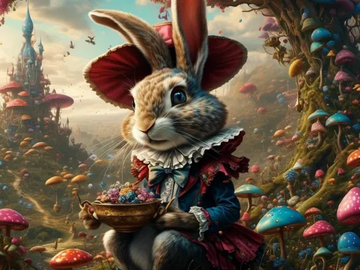 Prompt: <mymodel> (Alice in Wonderland theme) Mr. Rabbit , rabbit, Victorian clothing, volcanic, mythical, piercings  .UHD, 4k,intricately detailed, deep colors, high contrast (UHD, 4k,intricately detailed, deep colors, high contrast)