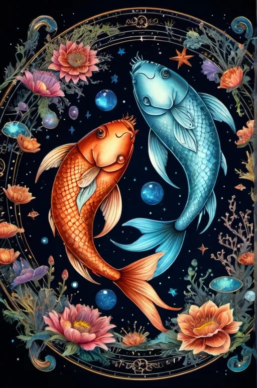 Prompt: Pisces ,Zodiac art mystical and whimsical (UHD, 4k,intricately detailed, deep colors, high contrast)