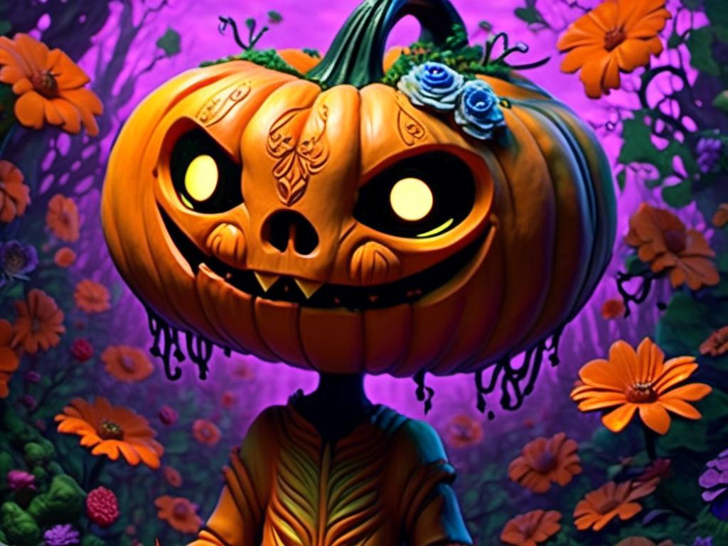 Prompt: <mymodel> jack-o'-lantern in flower garden ( Coraline art style) .UHD, 4k,intricately detailed, deep colors, high contrast (UHD, 4k,intricately detailed, deep colors, high contrast)