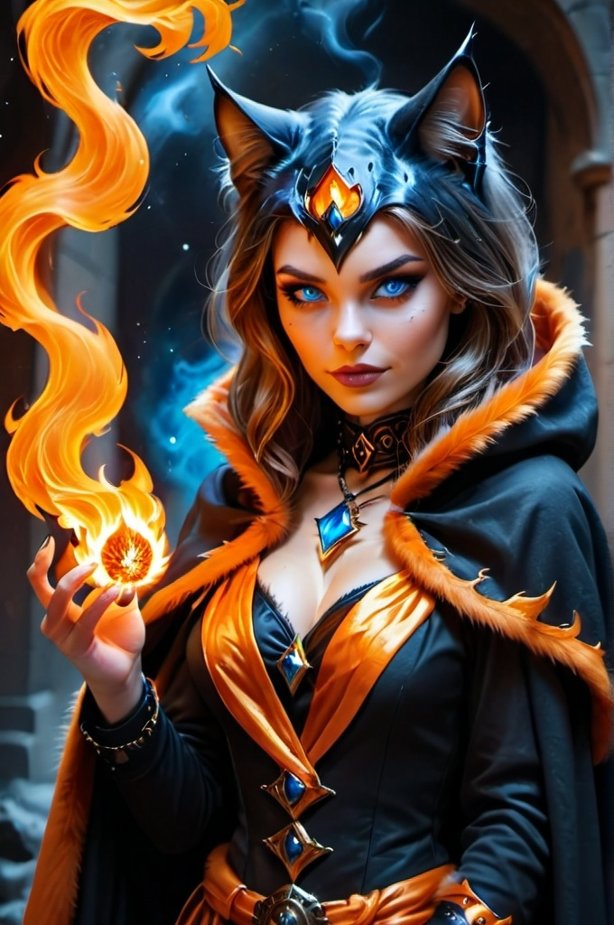 Prompt: magical cat woman (orange and black fur) (blue eyes) wearing a choker, cloak (fire element) mystical being , UHD, 4k,intricately detailed, deep colors, high contrast