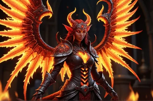 Prompt: medieval, Tiefling rogue flames spiraling from filigree wings. wings spanned,  (world of warcraft theme) UHD, 4k,intricately detailed, deep colors, high contrast (UHD, 4k,intricately detailed, deep colors, high contrast)