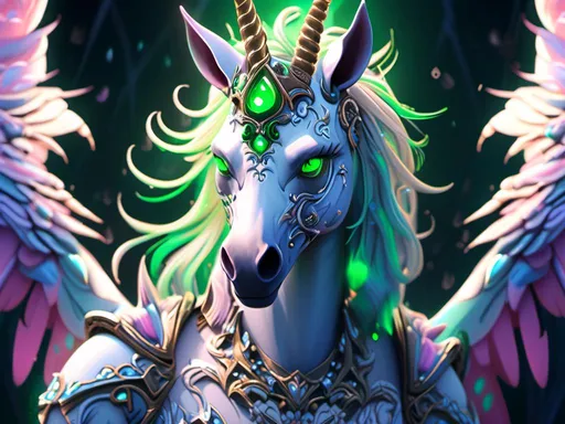 Prompt: <mymodel> death goth unicorn with green glowing eyes  ( Tim Burton movie art style) .UHD, 4k,intricately detailed, deep colors, high contrast (UHD, 4k,intricately detailed, deep colors, high contrast)