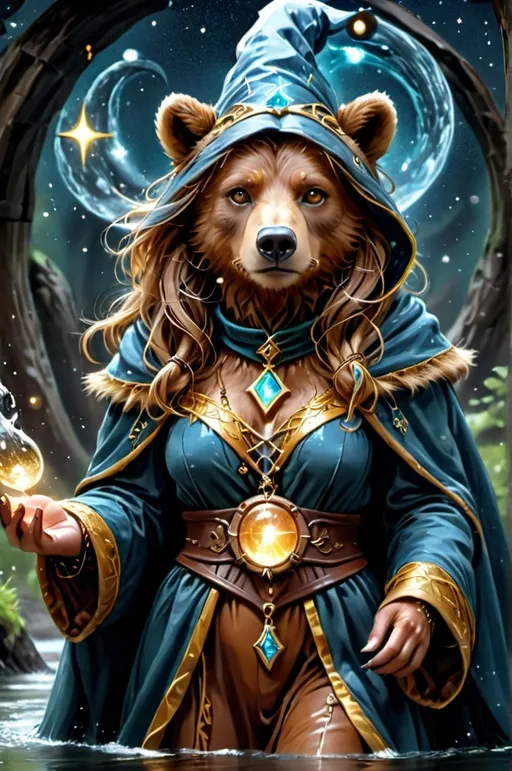 Prompt: wizard bear woman (hazelnut brown fur) (golden eyes) wearing a choker, cloak (water element) starry and mystical being , UHD, 4k,intricately detailed, deep colors, high contrast