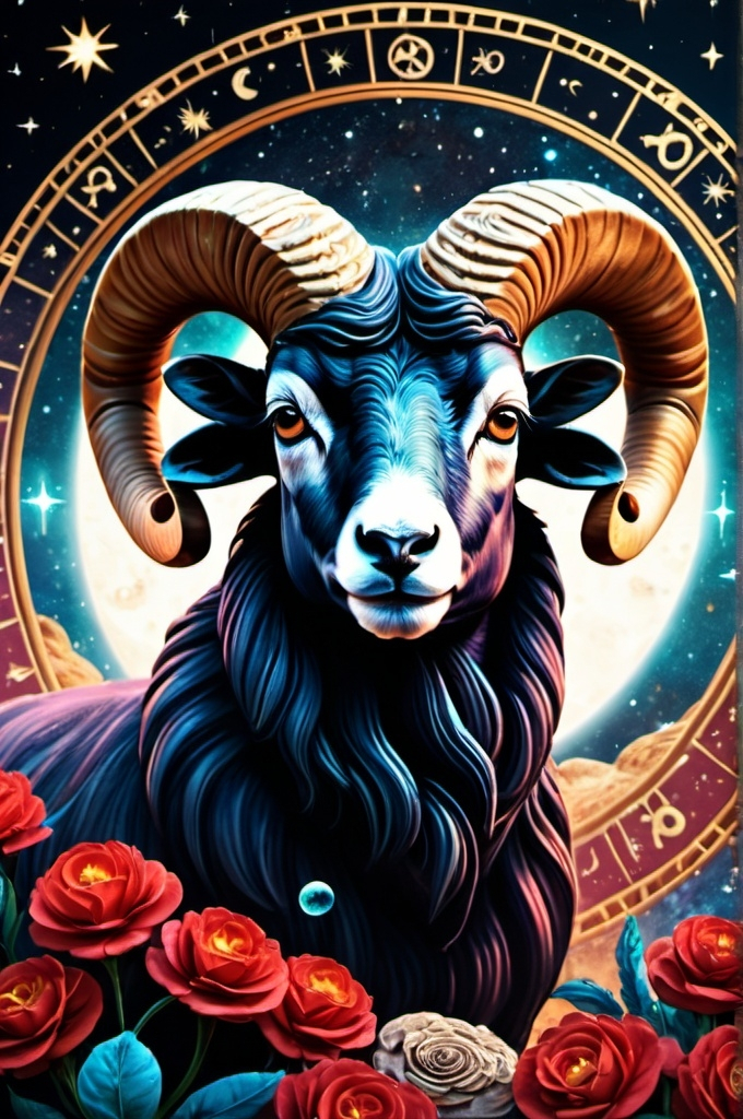 Prompt: Aries ,Zodiac art mystical and whimsical (UHD, 4k,intricately detailed, deep colors, high contrast)