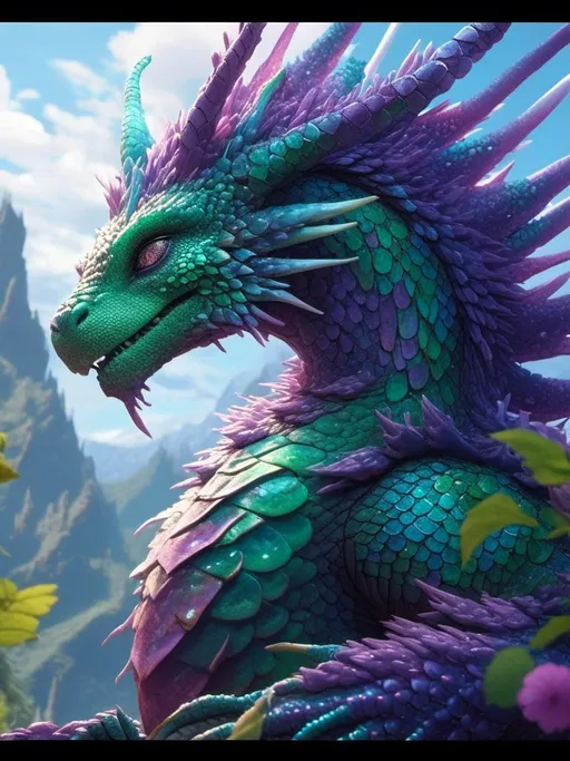 Prompt: <mymodel> anthro dragon lizard female (green and purple) (scales) (blue eyes) (humaniod) majestic being , UHD, 4k,intricately detailed, deep colors, high contrast (UHD, 4k,intricately detailed, deep colors, high contrast)