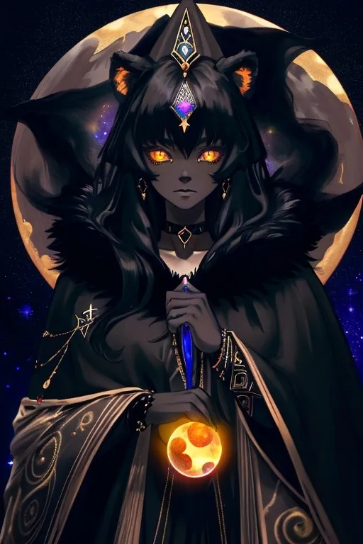 Prompt: wizard bear woman (black fur) (golden eyes) wearing a choker, cloak (earth element) starry and mystical being , UHD, 4k,intricately detailed, deep colors, high contrast